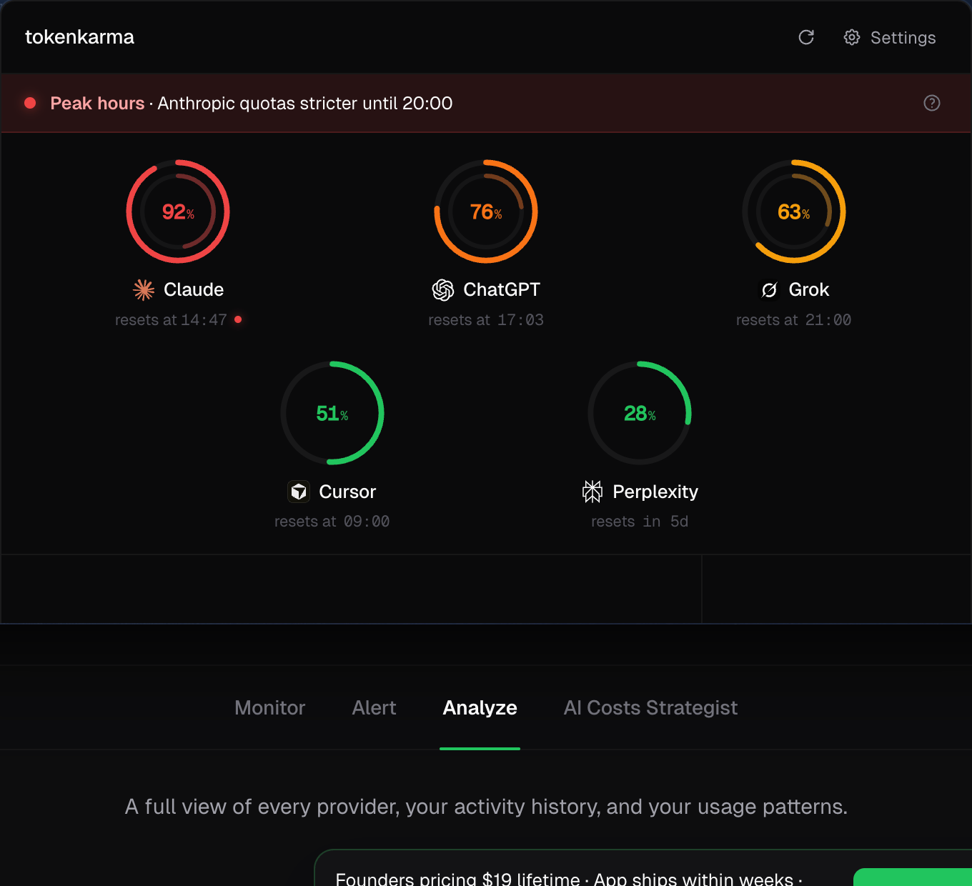 tokenkarma full panel: double-ring usage indicators for every provider plus a daily activity grid.