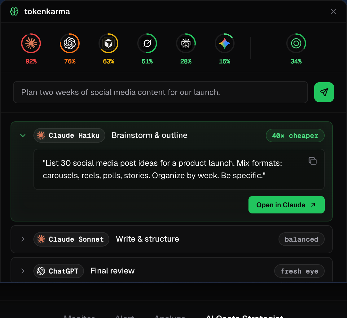 tokenkarma AI Costs Strategist NSPanel showing a recommended multi-step workflow with model choices and projected cost.