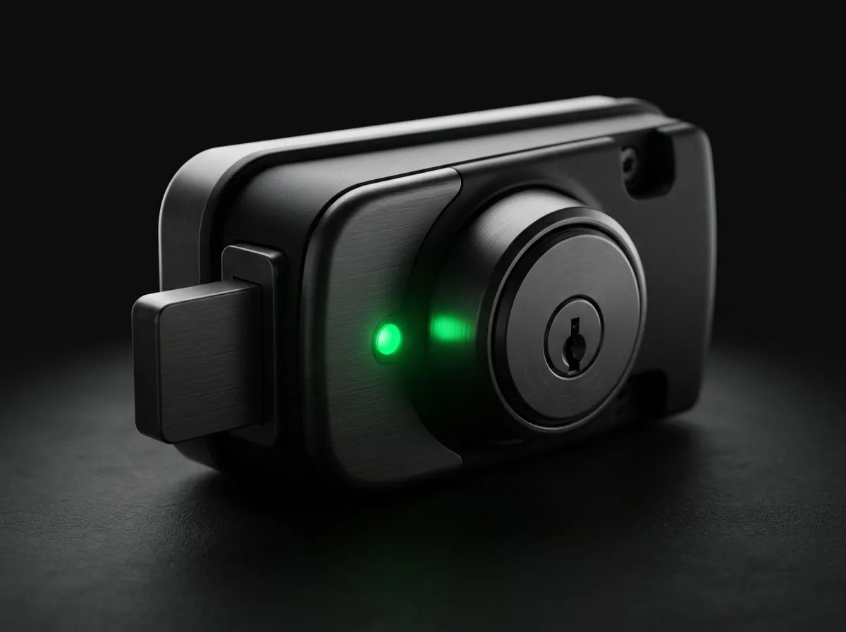 An extreme macro close-up of a matte-black mechanical lock actuator and key-card reader on a dark surface, a single emerald status LED glowing while the rest of the mechanism sits in grayscale shadow