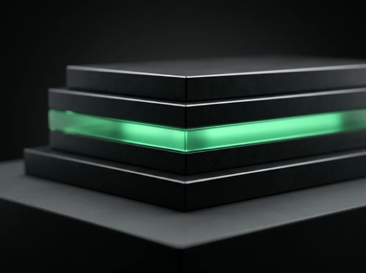 A sculptural still life of matte-black monumental slabs on a dark plinth, the middle slab slightly shifted open with a single vivid emerald seam of light leaking from between them, everything else deep gray and near-black