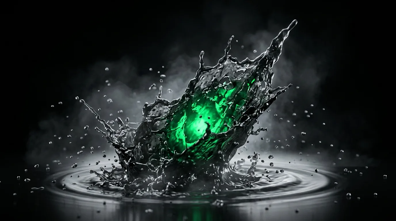 A slow-motion frozen splash of dark liquid forming a jagged spike with an emerald core pulsing inside, evoking an outage event without a chart