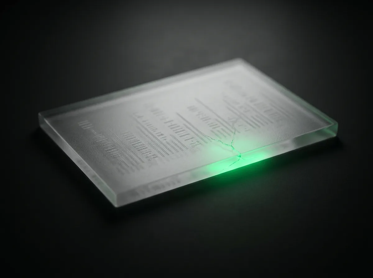 An extreme macro of a single frosted-glass data tile on a matte-black surface, with a hairline crack and a small emerald glow at its lowered edge, implying cheaper cached reads