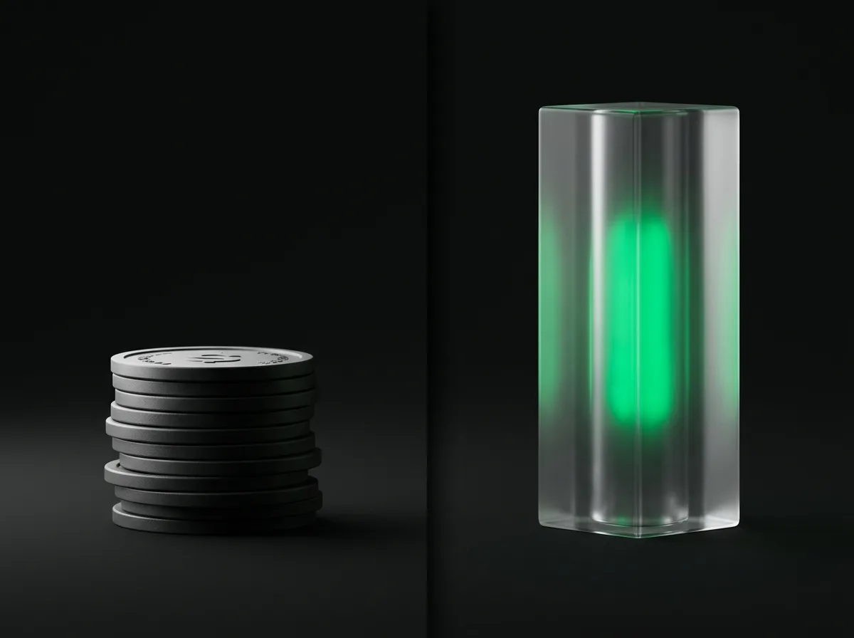 A conceptual dark still life: a stack of matte-black subscription tokens on the left separated from a translucent glass pillar glowing with a soft emerald core on the right, representing budget routing between subscription quota and per-token API