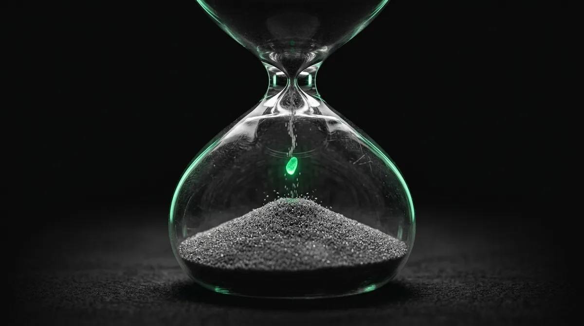 An extreme macro of a glass hourglass with a single emerald grain mid-fall, about timing your off-peak window