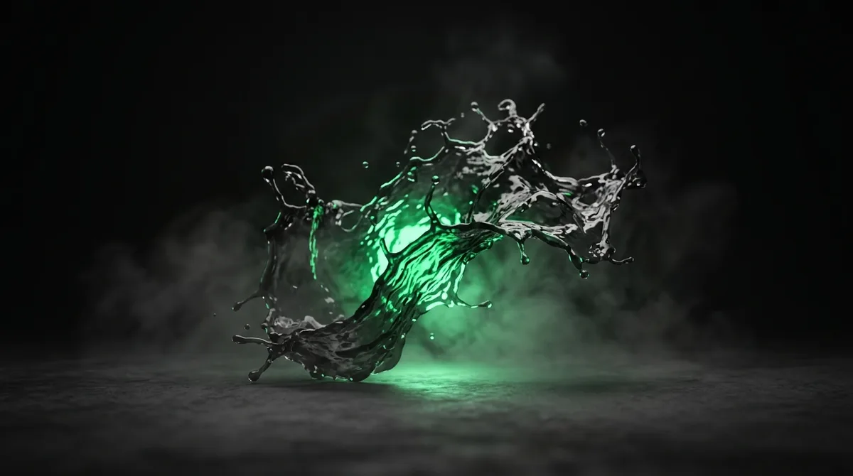 A slow-motion frozen splash of dark liquid with an emerald core glowing from below, evoking calm weekend traffic