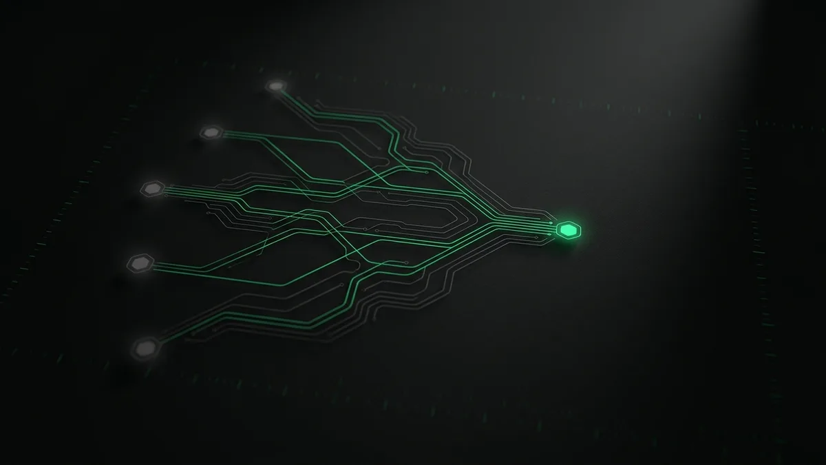 Archetype 10 (schematic blueprint over dark canvas): a technical routing schematic drawn in fine vivid emerald green #22c55e lines floating above a dark textured surface, branching emerald lines converging from several dim grayscale source nodes into one bright emerald node, most of the dark canvas negative space, no text, no people