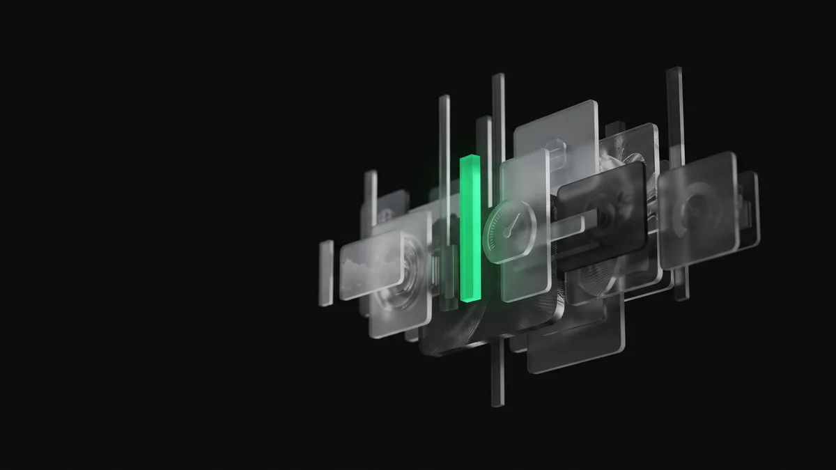 Archetype 6 (floating data sculpture, no hardware): a floating cluster of frosted-glass cards and thin bars suspended in a dark void, one bar glowing vivid emerald green #22c55e from within as an anomaly spike, a small dim grayscale gauge dial beside it, no desk, no laptop, no text, no people