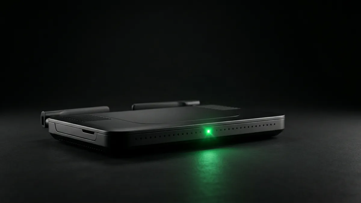 Archetype 8 (cinematic product shot): a single matte-black network router device isolated on a dark seamless backdrop, lit like a luxury product ad, one vivid emerald green #22c55e status LED glowing on its front edge with a soft emerald bloom beneath it, all other indicators dark, everything else grayscale, no text, no people
