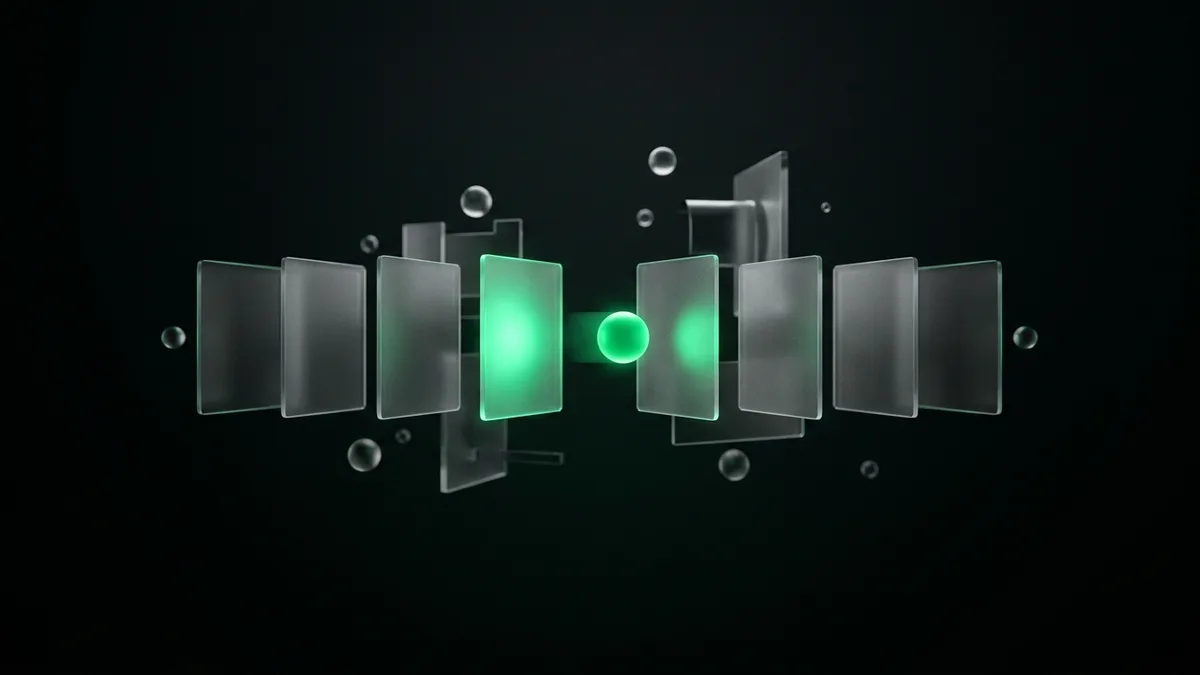 Archetype 6 (floating data sculpture): a floating 3D structure of frosted-glass cards suspended in a dark void, a single vivid emerald green #22c55e glowing sphere moving along a track between them, implying a router switching one request from one model card to another, one panel glowing emerald from within, everything else grayscale, no text, no people